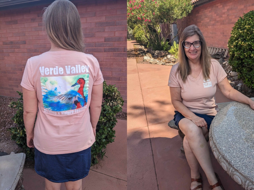 Susan Van Norman in Verde Valley Birding & Nature Festival t-shirt, with watercolor duck on the back