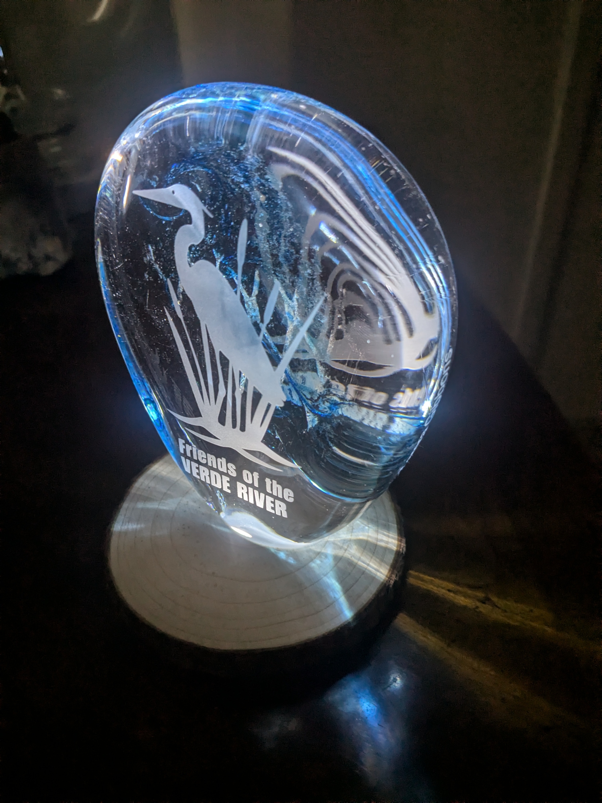 Heron Award on a wooden light up stand